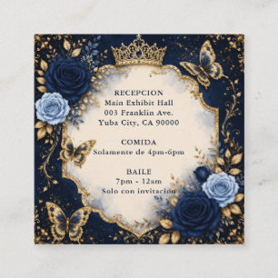 Cartão De Informações Quinceañera Floral Borboleta Dourada Marinho
