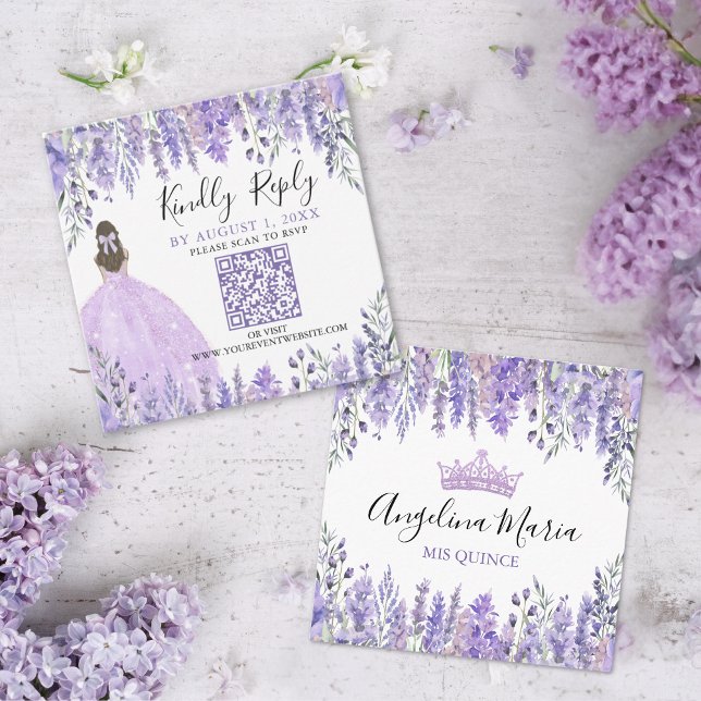 Cartão De Informações Quinceanera Floral com Lavanda roxa Código QR RSVP (Purple Lavender Floral Quinceanera QR Code RSVP Enclosure Card)
