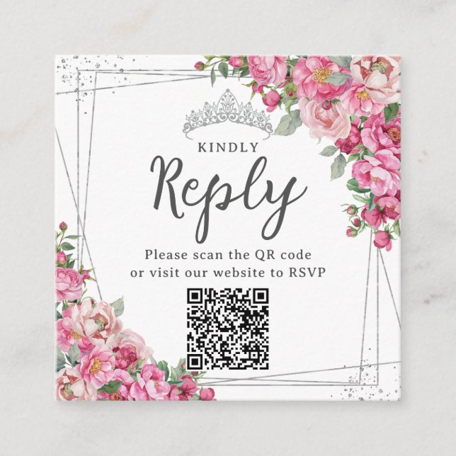 Cartão De Informações Quinceanera Floral Fuchsia Rosa 16 RSVP QR (Frente)