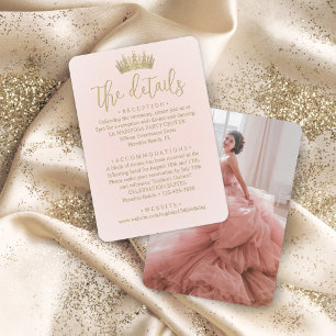 Cartão De Informações Quinceañera Foto Coroa com Detalhes Rosa e Dourado