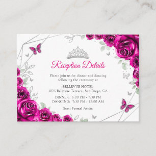 Cartão De Informações Quinceanera Rosa Fúcsia Detalhes Florais Prateados