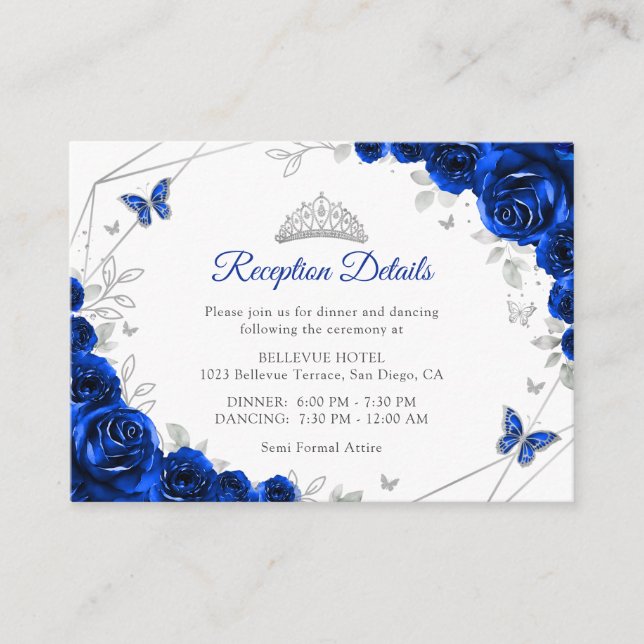 Cartão De Informações Quinceanera Royal Blue Silver Floral Details (Frente)