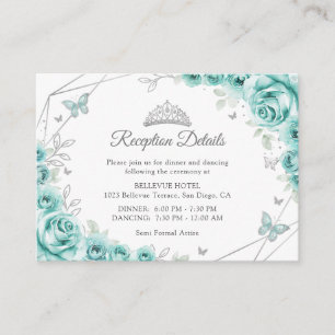 Cartão De Informações Quinceanera Turquesa Prata Detalhes Florais