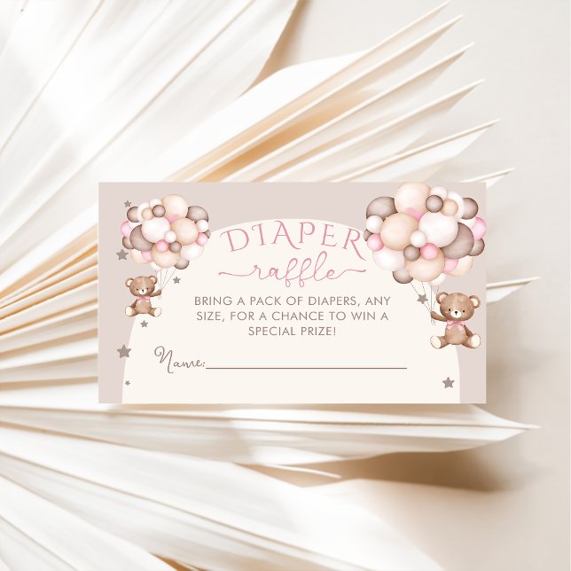 Cartão De Informações Raffle Chá de fraldas Balão-Urso Rosa (Criador carregado)
