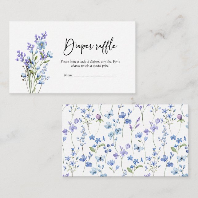 Cartão De Informações Raffle Chá de fraldas de flor selvagem azul (Frente/Verso)