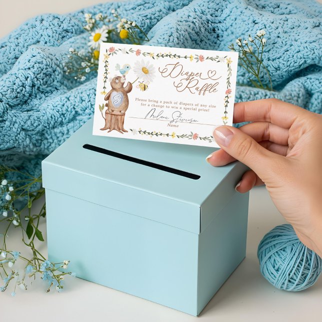 Cartão De Informações Raffle de Fralda do Urso de Madeira Manteiga (Knitted Woodland Bear Baby Shower Diaper Raffle Enclosure Card)