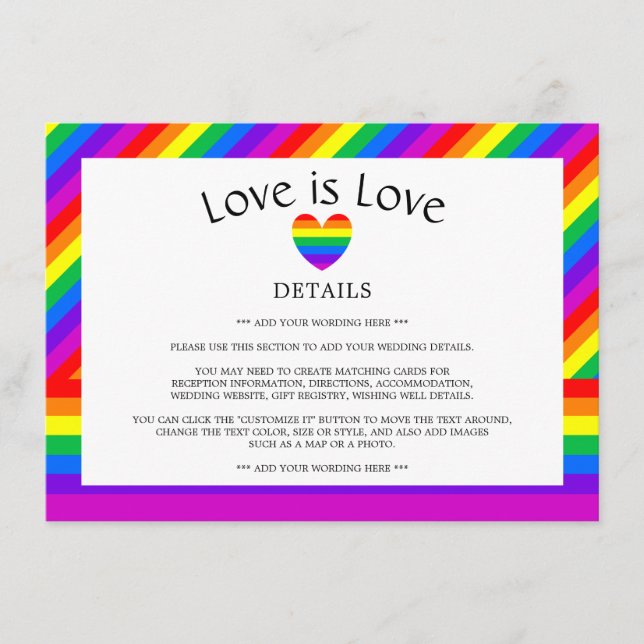 Cartão De Informações Rainbow Heart Love é Love Wedding Detail (Frente)