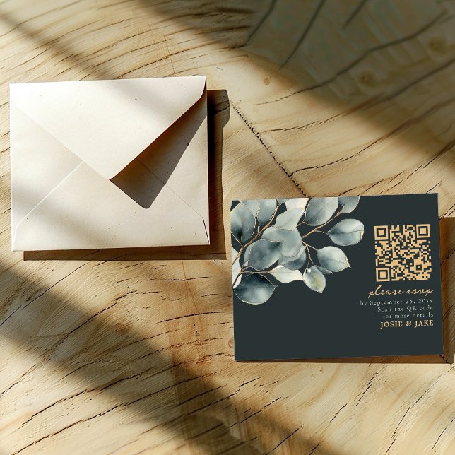 Cartão De Informações Ramo Eucalyptus, Rsvp de casamento verde (Eucalyptus branch, green wedding rsvp card with gold QR Code and text)