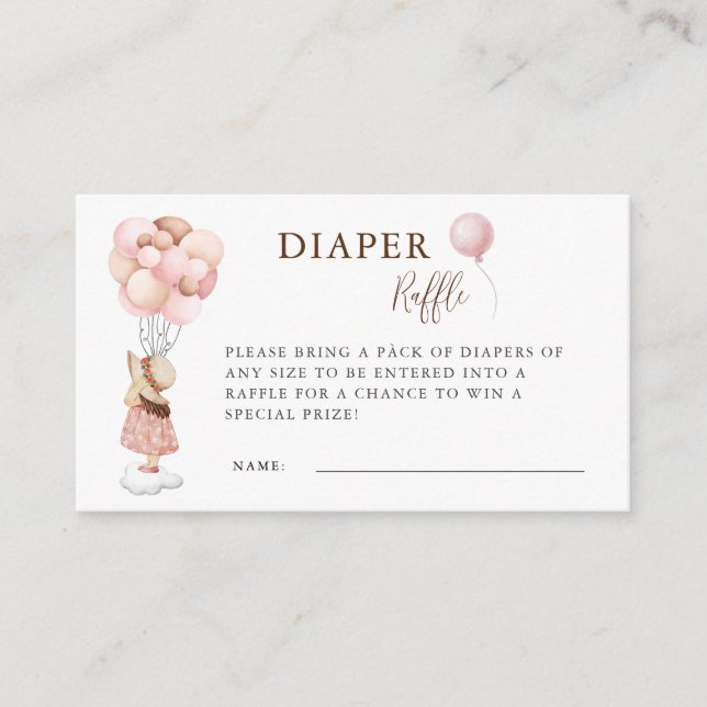 Cartão De Informações Rapariga Chá de fraldas Voando Balão Fralda Raffle (Frente)