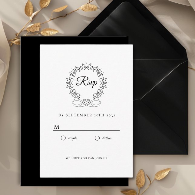 Cartão De Informações Real, Elegante, RSVP de Casamento (Royal, Elegant, Classic, Crest, Wedding Invitation Wedding RSVP. White and Black.)