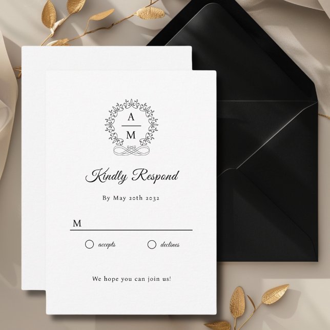 Cartão De Informações Real, Elegante, RSVP de Casamento (Monogram, Royal, Elegant, White, Wedding RSVP Cards with scripted font. Personalized in minutes.)