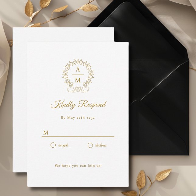 Cartão De Informações Real, Elegante, RSVP de Casamento (Monogram, Royal, Elegant, White, Wedding RSVP Cards with scripted font. Personalized in minutes.)