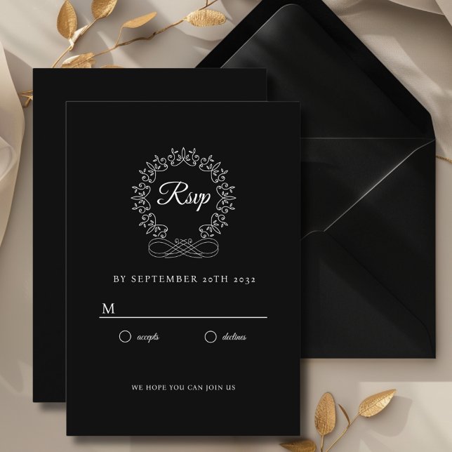 Cartão De Informações Real, Elegante, RSVP de Casamento (Royal, Elegant, Classic, Crest, Wedding Invitation Wedding RSVP. White and Black.)