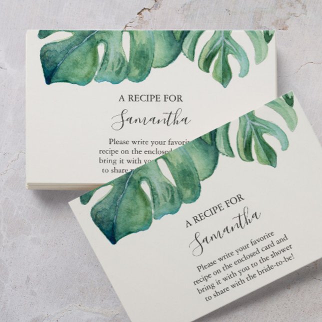 Cartão De Informações Receita Tropical Para A Noiva (Bridal shower invitations inserts recipe for the bride watercolor monstera leaves)