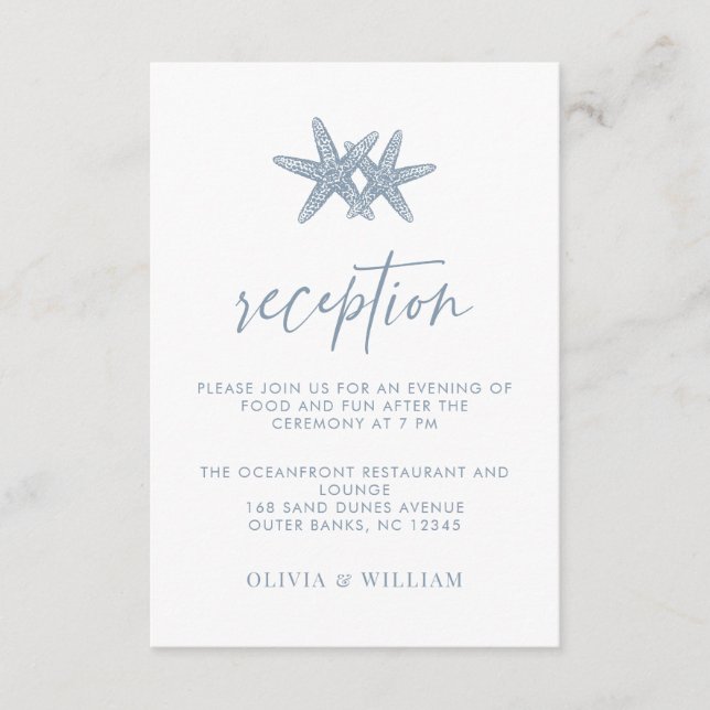 Cartão De Informações Recepção Azul com Estrelas de Casca de Praia (Frente)