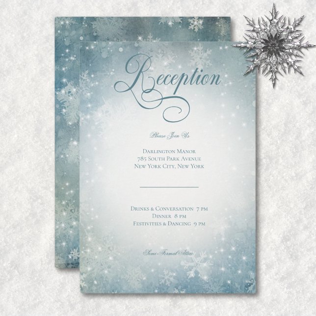 Cartão De Informações Recepção Brilhante Romântica Azul-Neve Azul-Branco (Romantic Falling Snow Blue White Sparkle Reception Enclosure Card)
