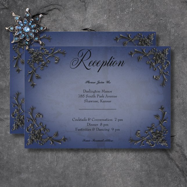 Cartão De Informações Recepção Cardíaca Gótica Preta e Azul Filigrana (Gothic Black & Blue Filigree Heart Reception Enclosure Card)