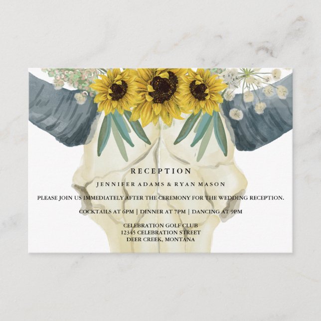 Cartão De Informações Recepção de Casamento Aquarela Caveira de Touro Gi (Frente)