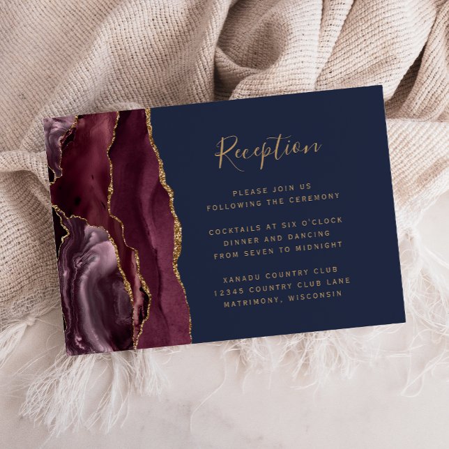 Cartão De Informações Recepção de casamento Azul Marinho Agate Dourado d (Criador carregado)