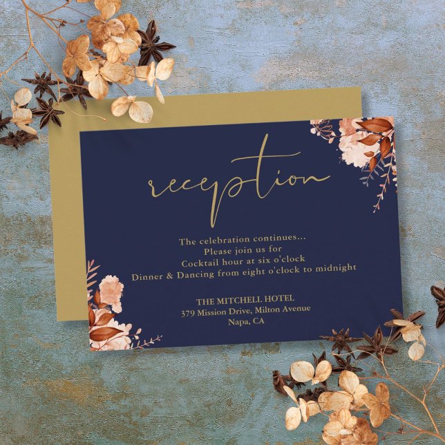 Cartão De Informações Recepção de casamento Azul marinho E  Floral Rústi (Navy Blue And Gold Rustic Floral Wedding Reception Enclosure Card)