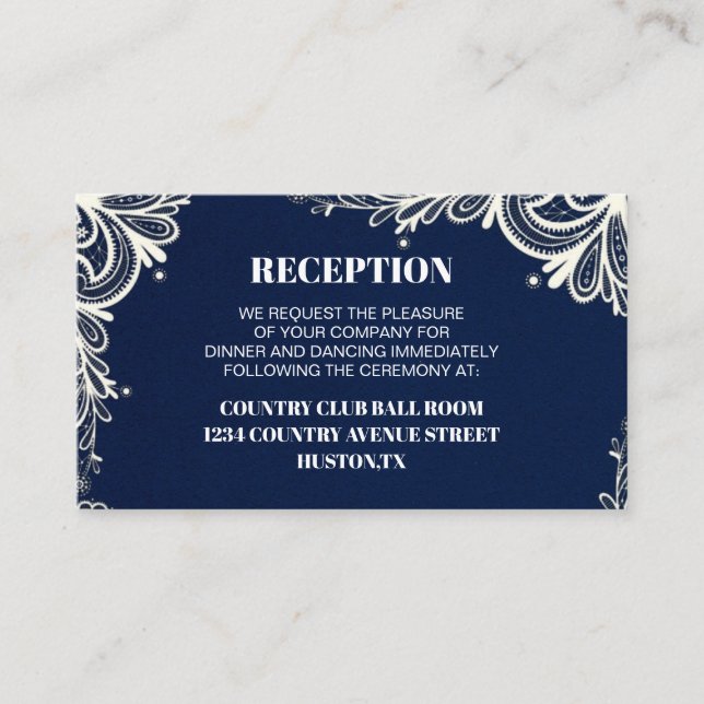 Cartão De Informações recepção de casamento azul naval costeira (Frente)