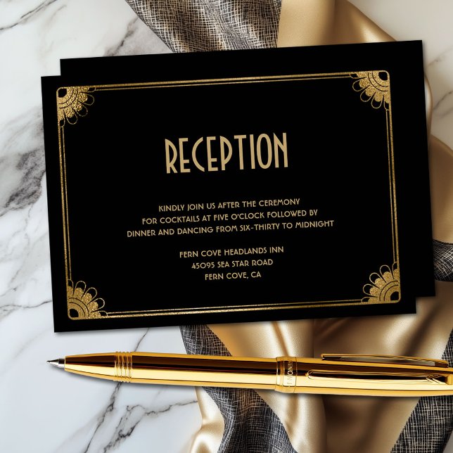 Cartão De Informações Recepção de casamento Black Dourado Art Deco (Classy black and gold floral art deco wedding reception enclosure card)