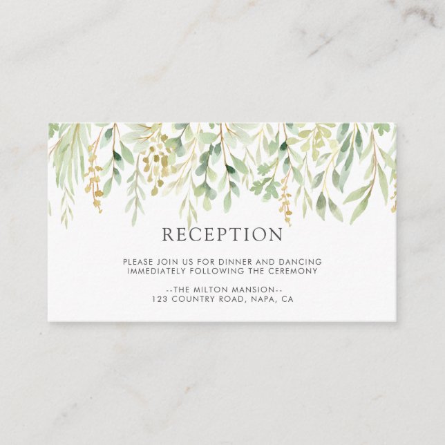 Cartão De Informações Recepção de casamento Botânica de Folhagem Verde (Frente)