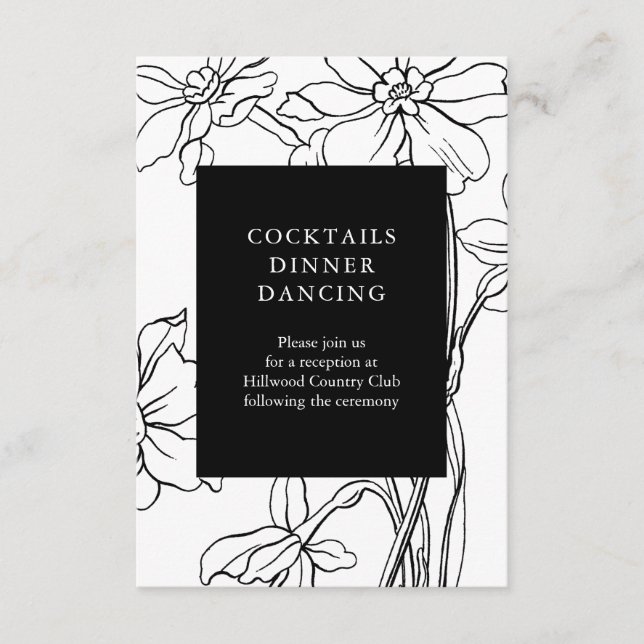 Cartão De Informações Recepção de casamento Branca e Preto Floral Modern (Frente)