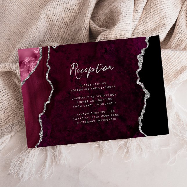 Cartão De Informações Recepção de Casamento Burgundy Silver Agate Script (Criador carregado)