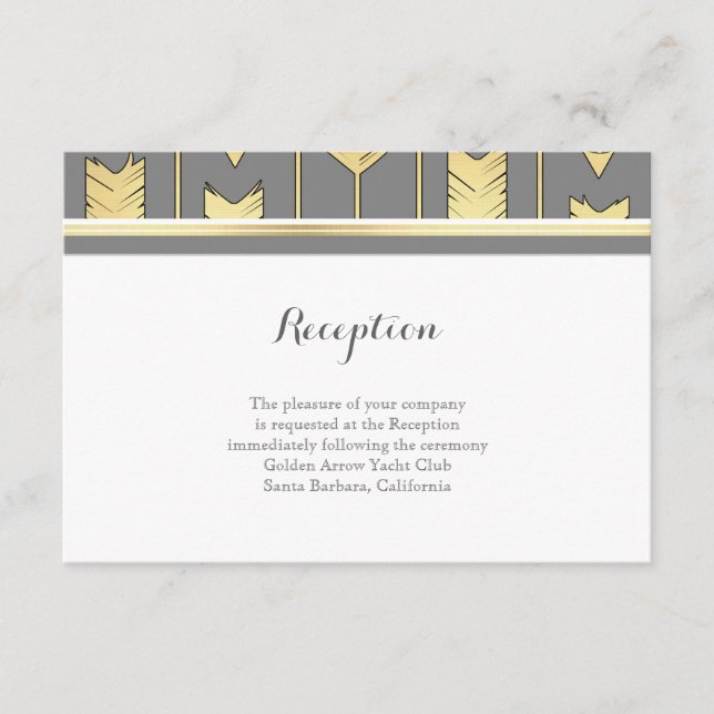 Cartão De Informações Recepção de Casamento Cinza com Flechas Douradas d (Frente)