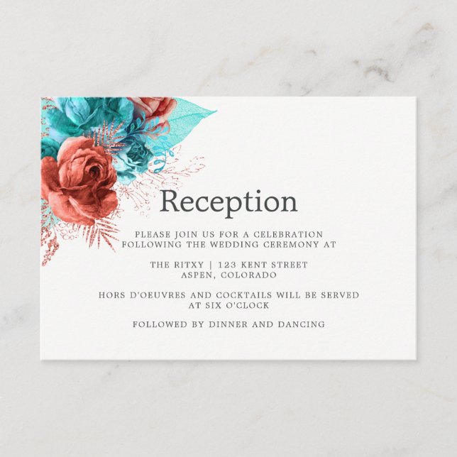 Cartão De Informações Recepção de Casamento com Aquarela Turquesa e Cora (Frente)