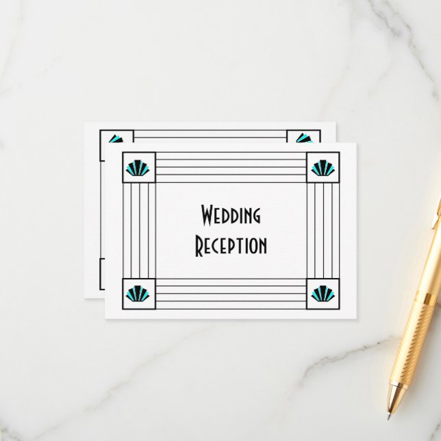 Cartão De Informações Recepção de Casamento com Design Art Déco Azul (Frente/Verso In Situ)
