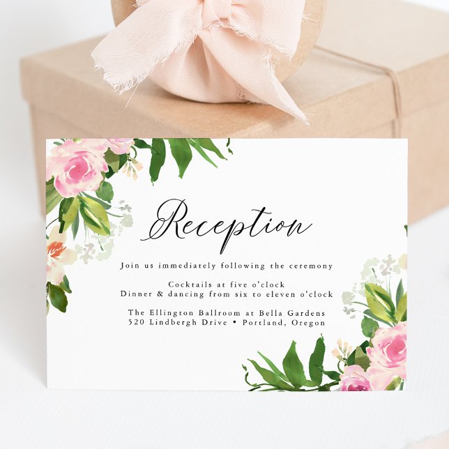 Cartão De Informações Recepção de Casamento com Flores Rosa Suave (Criador carregado)