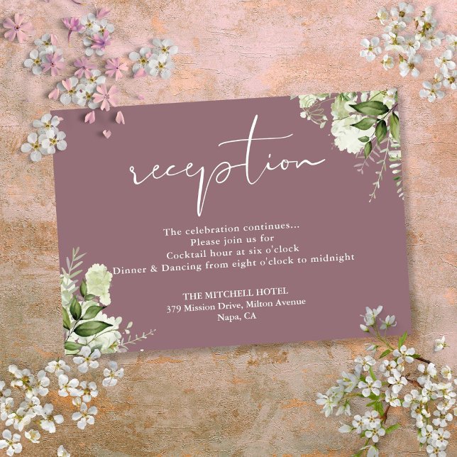 Cartão De Informações Recepção de Casamento com Rótulo de Folhagem Roxa (Mauve Greenery Script Wedding Reception Enclosure Card)