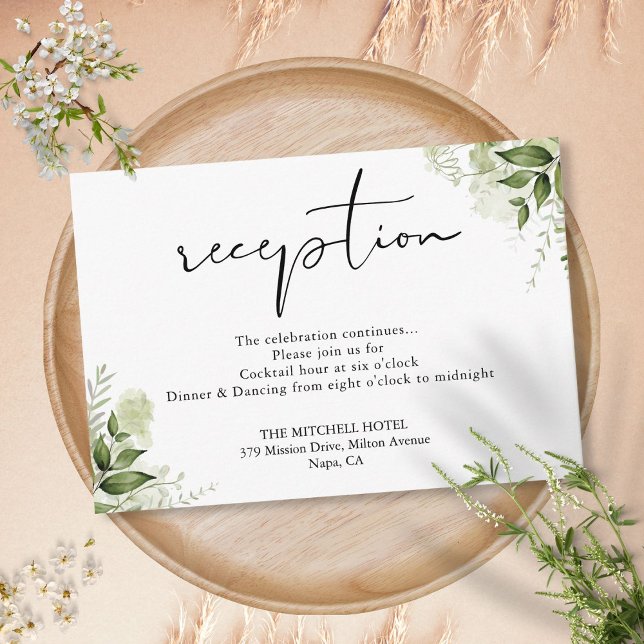 Cartão De Informações Recepção de Casamento com Rótulo Floral de Verde E (Elegant Greenery Floral Script Wedding Reception Enclosure Card)