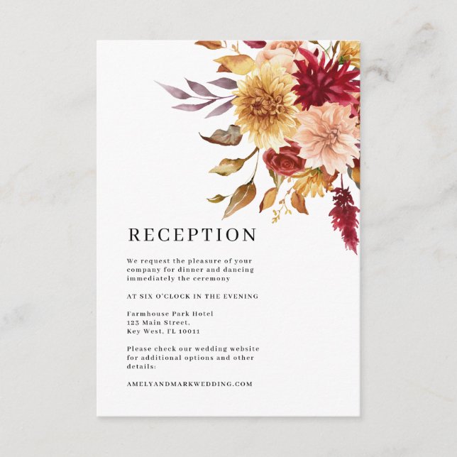 Cartão De Informações Recepção de casamento das flores de queda (Frente)