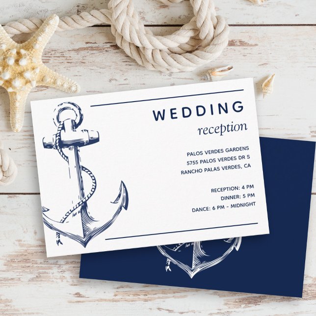 Cartão De Informações Recepção de casamento de Âncora Branca Náutica (Wedding reception invitation that features an anchor and is in a navy and white classic theme.)