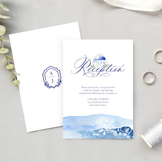 Cartão De Informações Recepção de casamento de Aquarela da Grécia Santor (Santorini Greece Watercolor Wedding Reception Enclosure Card)