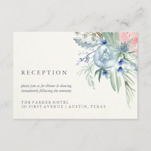 Cartão De Informações Recepção de casamento de Aquarela de Peony Azul e