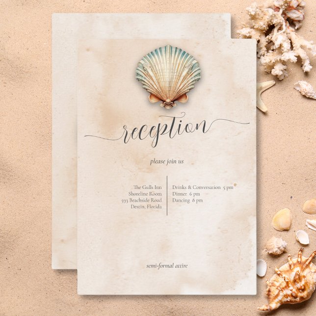 Cartão De Informações Recepção de casamento de Areia Costeira Moderna (Modern Coastal Seashell Sand Wedding Reception Enclosure Card)