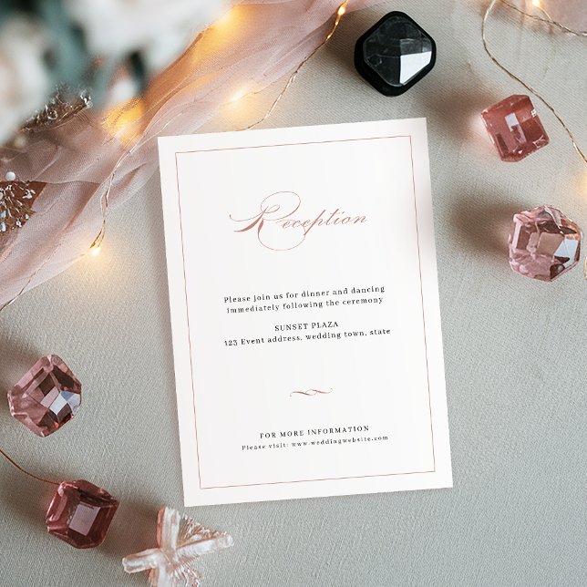 Cartão De Informações Recepção de Casamento de Luxo em Rose Gold com Rót (Rose Gold Classic Elegant Script Wedding Reception Enclosure Card)