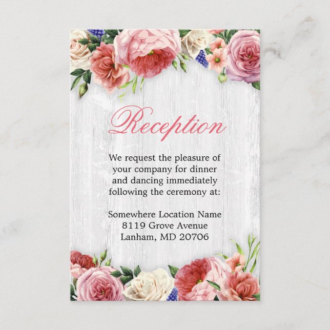 Cartão De Informações Recepção de Casamento de Madeira Floral Rosa Vinta (Frente)