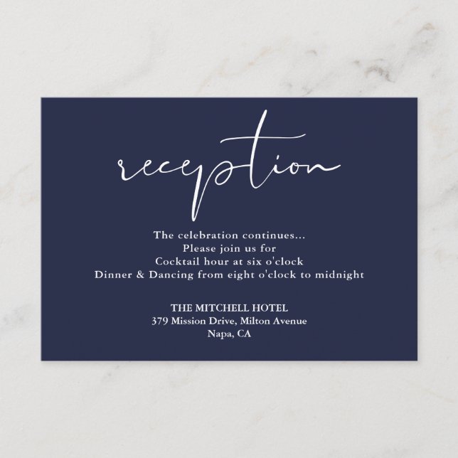 Cartão De Informações Recepção de casamento de Script Elegante Azul-mari (Frente)