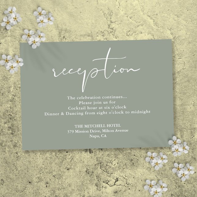 Cartão De Informações Recepção de casamento de Script Elegante Verde Sag (Sage Green Elegant Script Wedding Reception Enclosure Card)