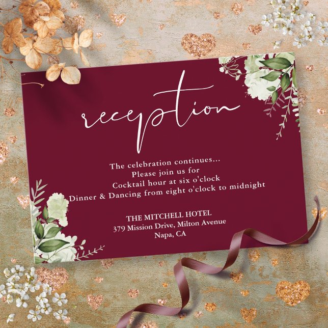 Cartão De Informações Recepção de casamento do Burgundy Greenery Script (Burgundy Greenery Script Wedding Reception Enclosure Card)