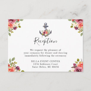 Cartão De Informações Recepção de Casamento Floral Âncora Náutica Azul M