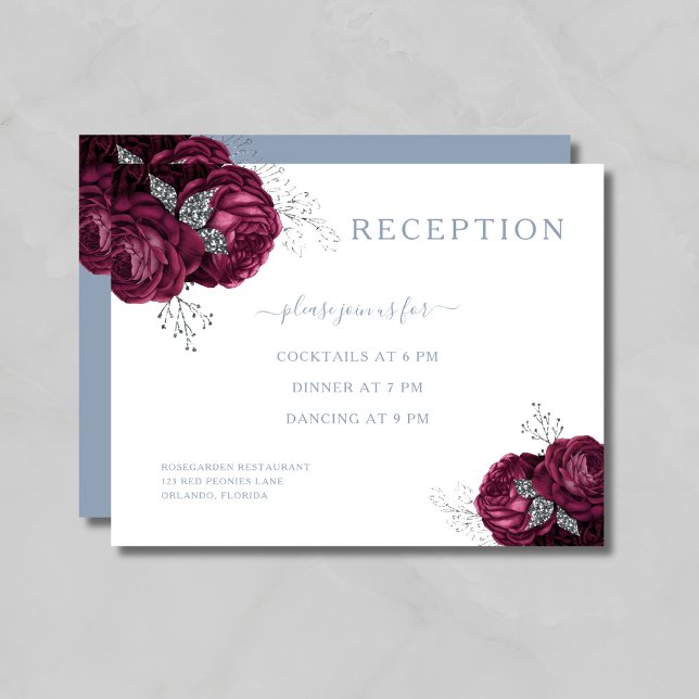 Cartão De Informações Recepção de Casamento Floral Azul Poeirento Borgon (Floral Dusty Blue Burgundy Wedding Reception Enclosure Card)