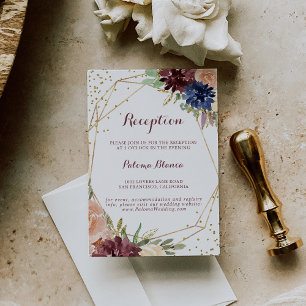 Cartão De Informações Recepção de casamento Floral Dourada Geométrica