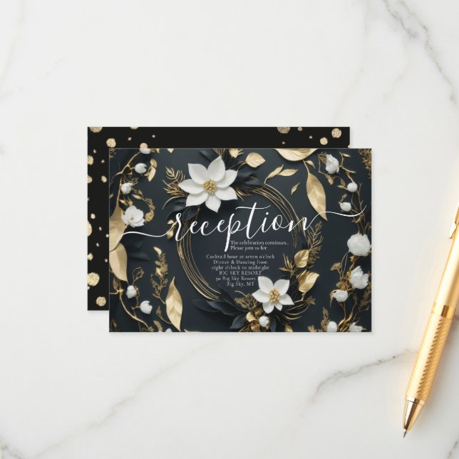 Cartão De Informações Recepção de casamento Floral Dourada Preta (Frente/Verso In Situ)