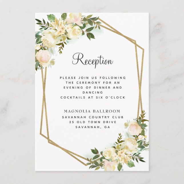 Cartão De Informações Recepção de casamento Floral Dourada, Rosa Chic Br (Frente)